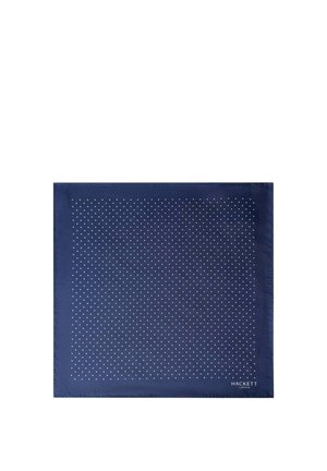 Marineblauw vierkant zakdoekje met kleine witte stippen en het "Hackett London" logo rechtsonder.