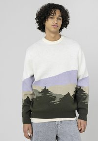 Pull en tricot avec un motif de scène de montagne, comprenant des nuances de vert, beige et violet. Poignets et col côtelés, coupe décontractée.