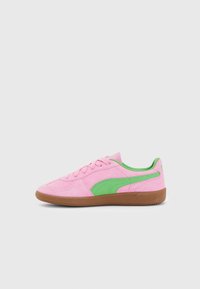 Pink suede sneaker with green accents and a brown rubber sole. Features a classic low-top design and round toe with lace-up closure.
