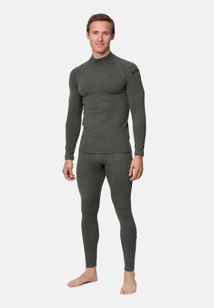 Grå langærmet termisk skjorte med høj hals, parret med matchende termiske leggings. Har sømløst design og tætsiddende struktur.