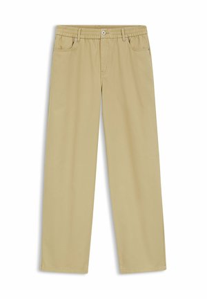 Pantalon beige droit avec ceinture élastique, fermeture par bouton et zip, et poches avant, posé à plat sur un fond blanc.