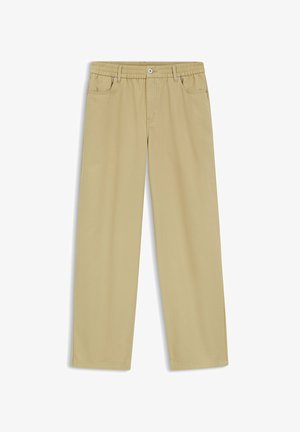 Pantalon beige droit avec ceinture élastique, fermeture par bouton et zip, et poches avant, posé à plat sur un fond blanc.