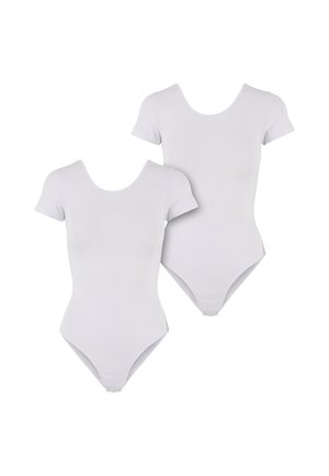 To hvite kortermede bodyer laget av myk bomullsstoff, med rund halsringning og en tettsittende design med trykknapper.