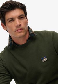 Man met donker haar die een groene sweatshirt over een geruite kraag-shirt draagt, die iets opzij kijkt tegen een witte achtergrond.