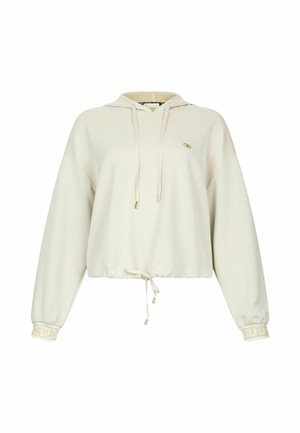 Sudadera recortada de color beige claro con capucha ajustable, puños elásticos y un pequeño logo en el pecho. Textura suave con un ligero brillo.