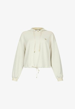 Hellbeige, kurz geschnittenes Hoodie mit Kordelzug an der Kapuze, elastischen Bündchen und einem kleinen Logo auf der Brust. Glatte Textur mit subtiler Leuchtkraft.