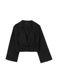 Blouse noire courte en tissu léger, dotée d'un col pointu, d'un détail froncé à l'avant et de larges manches avec accents de poignet.