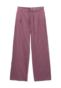 Pantaloni cu picioare largi, de culoare mauve, având dungi verticale crem, talie cu șnur și un croi relaxat pentru confort.