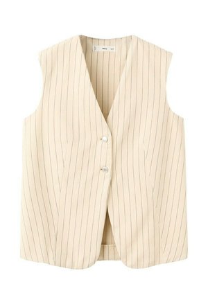 Beige sleeveless vest with thin vertical black pinstripes, V-neck, and two silver buttons down the front.