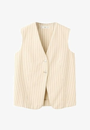 Beige sleeveless vest with thin vertical black pinstripes, V-neck, and two silver buttons down the front.