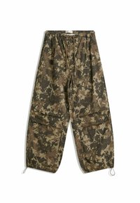 Lichte, camouflaged broek in bruine en groene tinten. Voorzien van een elastische tailleband, trekkoord en vergrendelde enkels.
