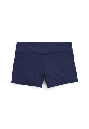 Mörkblå atletiska shorts tillverkade av ett slätt, elastiskt tyg. Har en bred midja och en enkel design utan mönster eller detaljer.