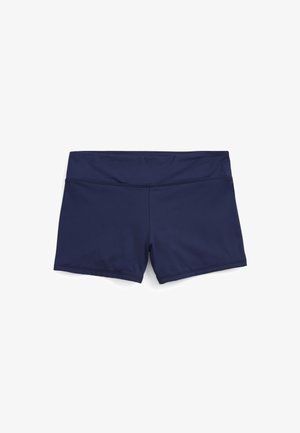 Tumed sinised spordilühikesed püksid, mis on valmistatud siledast ja venivast kangast. Omavad lai vöökoht ja lihtne disain ilma mustrite või aktsentideta.