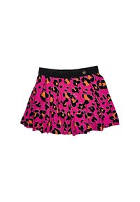 Gonna plissettata di un brillante colore rosa con un motivo a stampa leopardata nera e arancione. Presenta una vita elastica nera.