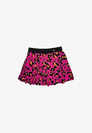 Gonna plissettata di un brillante colore rosa con un motivo a stampa leopardata nera e arancione. Presenta una vita elastica nera.