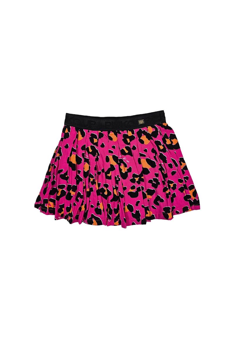 Gonna plissettata di un brillante colore rosa con un motivo a stampa leopardata nera e arancione. Presenta una vita elastica nera.