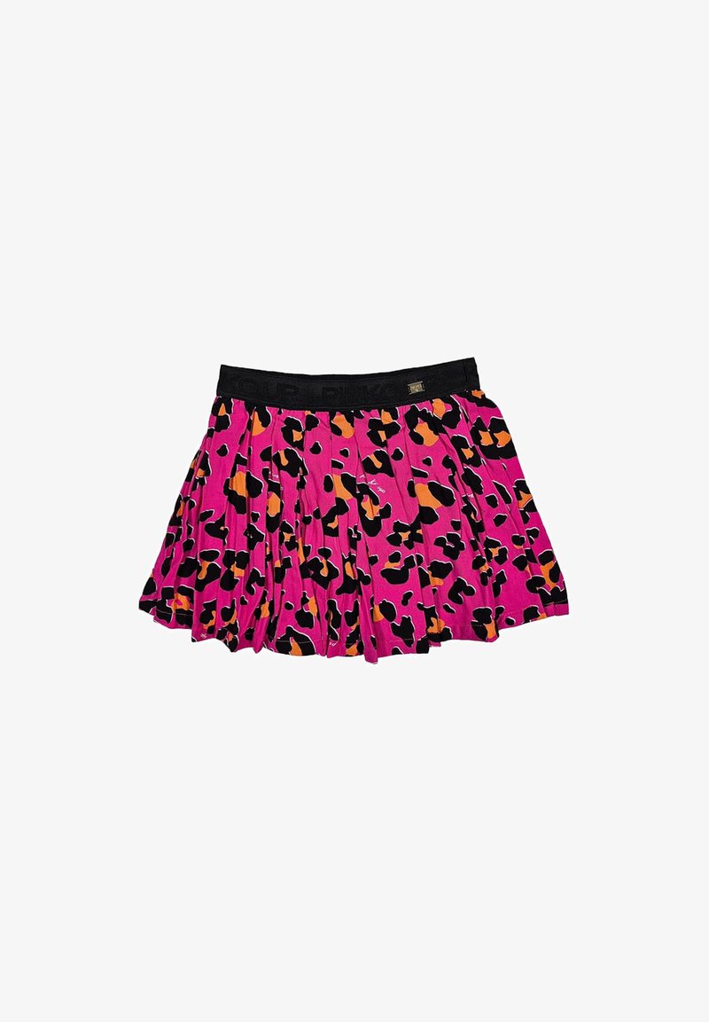 Gonna plissettata di un brillante colore rosa con un motivo a stampa leopardata nera e arancione. Presenta una vita elastica nera.