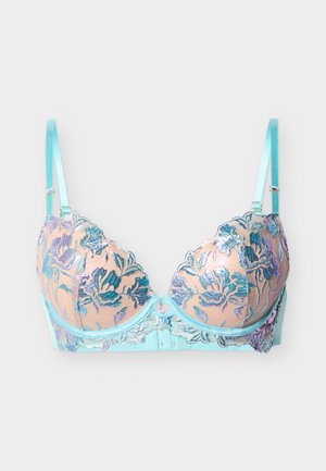 Soutien-gorge rembourré bleu clair avec broderie en dentelle florale, bretelles ajustables et fermeture dos à agrafes, présenté sur un fond uni.