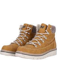 Bruna lädervandringstövlar med grå ullaccenter, metallöglor och beigefärgade gummisulor. Har en vadderad krage och kontrasterande vit sömnad.