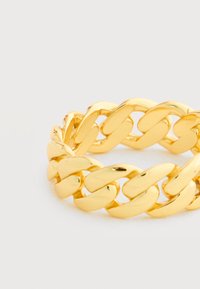 Χρυσό δαχτυλίδι με χοντρή αλυσίδα σε λευκό φόντο, που αναδεικνύει την λεία, γυαλιστερή επιφάνεια και τους στρογγυλεμένους κρίκους.