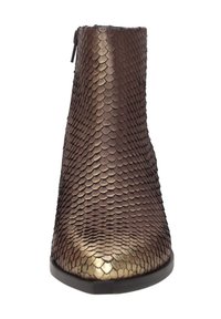 Bruine enkellaarzen met een metallic gouden slangenhuidstructuur en een rits aan de zijkant, getoond vanuit het front.