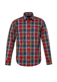 Camicia a quadri rossa e blu con maniche lunghe, colletto con bottoni e orlo arrotondato. Presenta un mix di righe sottili e spesse.