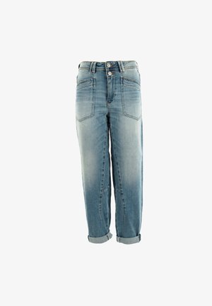 Jeans in denim azzurro chiaro con una vestibilità rilassata, caratterizzati da una vita alta, chiusura a doppio bottone, orli arrotolati e tasche anteriori e posteriori.