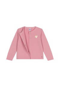 Rosa Baumwollcardigan mit langen Ärmeln, rundem Halsausschnitt und Druckknopfverschluss. Besitzt eine kleine weiße Herzapplikation auf der Brust.