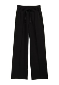 Schwarze weite Hose mit elastischem Bund und Kordelzug. Verfügt über zwei Seitentaschen und eine gerippte Textur.