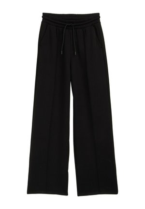 Pantalons larges noirs avec une taille élastique et un cordon de serrage. Comprend deux poches latérales et une texture côtelée.