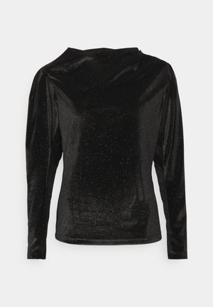 Crna dugorukava majica od baršunaste tkanine, s visokim ovratnikom i suptilnim sjajnim uzorkom za teksturu. Prilagođen silueti.