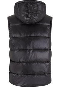 Svart boblevest med hette, med quiltede seksjoner, glatt blankt stoff og en litt overdimensjonert design. Ingen synlig maskinvare eller detaljer.