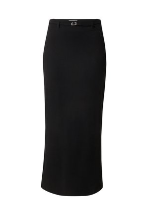 Black pencil skirt made of smooth fabric, featuring a mid-length design, belt loops, and a silver-toned rectangular buckle detail.