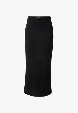 Black pencil skirt made of smooth fabric, featuring a mid-length design, belt loops, and a silver-toned rectangular buckle detail.