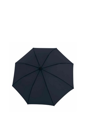 Black umbrella opened, showing eight panels and metal ribs against a white background.