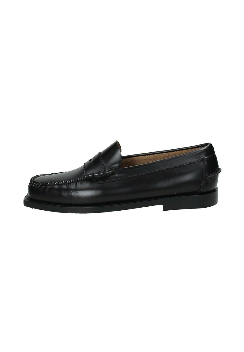 Mocassino penny in pelle nera con cuciture a moc toe, tacco basso e design slip-on.