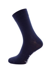 Calza di cotone blu navy con polsino a coste, texture liscia, tallone e punta rinforzati. Presenta un piccolo logo bianco sul lato.