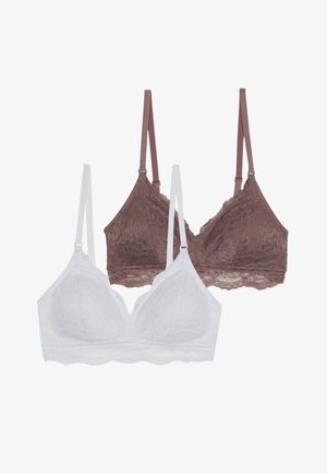 Bralette wireless in pizzo bianco e marrone, con spalline regolabili e motivi floreali, texture liscia e bordi ondulati.