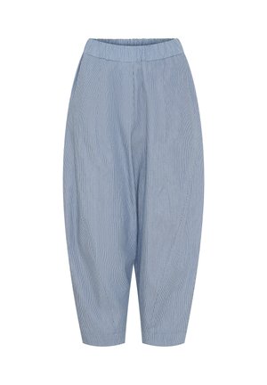 Lyseblå stribede bukser med elastisk talje, der har en løs pasform og tapered form, lavet af et blødt stof med subtil tekstur.