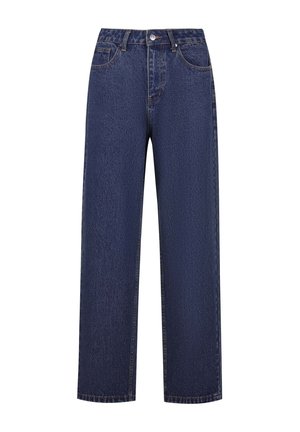 Tummansiniset farkut suoran lahkeen muotoilulla, joissa on viisi taskua, nappikiinnitys ja kontrastiväriset ompeluyksityiskohdat.