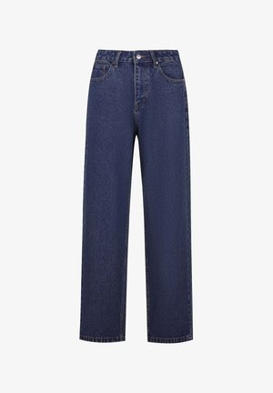 Jeans in denim blu scuro con un design a gamba dritta, dotati di cinque tasche, chiusura con bottone e dettagli di cucitura a contrasto.