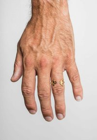 Anello a forma di ancora d'oro indossato su un dito, accanto a una semplice fede d'oro. La mano ha una carnagione chiara con vene e peli visibili.