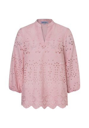 Light pink long-sleeve blouse with eyelet lace patterns, scalloped hem, and a small V-neck collar.
