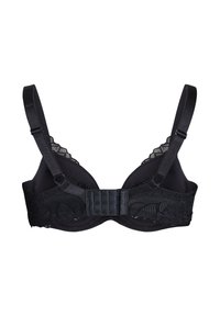 Reggiseno in pizzo nero con forma a scollatura profonda, dotato di spalline regolabili, motivo floreale e chiusura a più ganci sul retro.