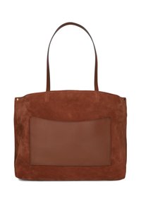 Borsa a tracolla in suede marrone con una patella in pelle liscia sulla parte anteriore. Presenta due manici lunghi e una forma piatta e strutturata.