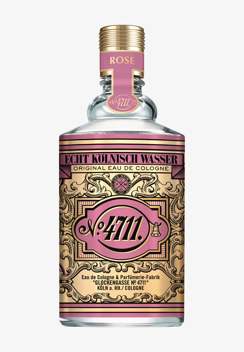 Botella de vidrio de No. 4711 Rose Eau de Cologne con etiqueta ornamentada en dorado y rosa, tapa dorada y texto de estilo vintage en el frente.