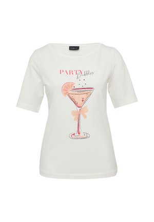 Weißes T-Shirt mit kurzen Ärmeln, das ein grafisches Design eines Cocktailglases mit dem Text "PARTY Bubbles" und einem pinken Zitronenscheiben-Akzent zeigt.