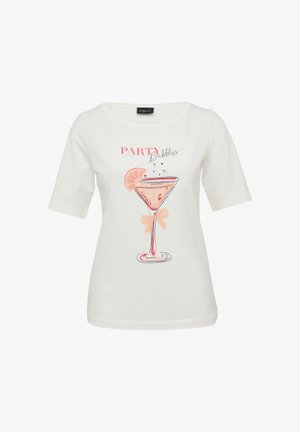 Biały t-shirt z krótkim rękawem z graficznym wzorem przedstawiającym kieliszek koktajlowy z napisem "PARTY Bubbles" oraz akcentem w postaci różowej plasterka cytryny.
