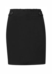 Mustapieni hame, jossa on joustava vyötärö ja kaksi pyöreää metallikoristetta. Liukas kangas, istuva muotoilu ja siisti helma.