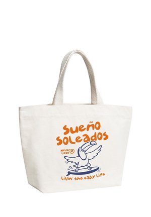 White canvas tote bag with short handles featuring orange and blue text and a cartoon toucan surfing on a board.